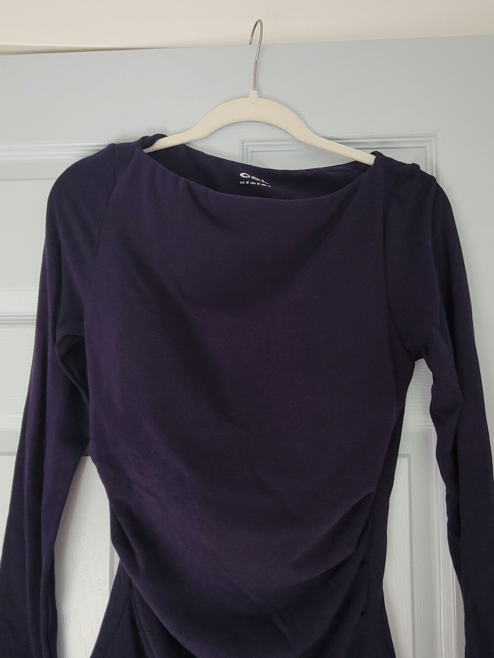 OGL Long Sleeve Draped Front Top With Built In Bra in Navy Blue